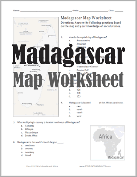 Madagascar Map Worksheet - Free to print (PDF file). For World Geography students in grades 6-12.