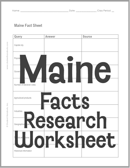 Maine Facts Research Worksheet - Free to print (PDF file). Designed for students in grades five and up.