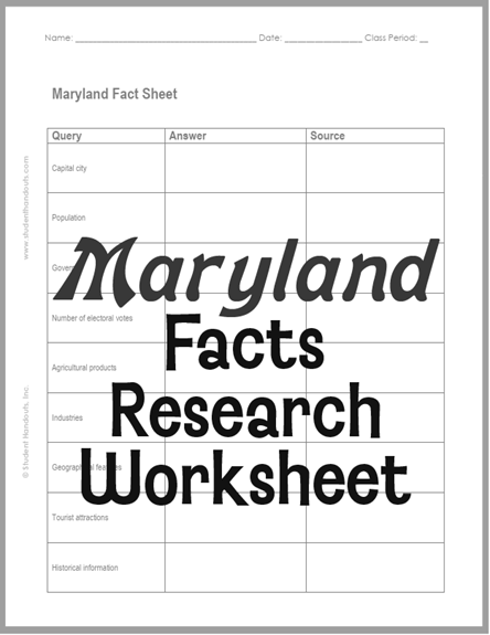 Maryland Facts Research Worksheet - Free to print (PDF file). For students in grades five and up.