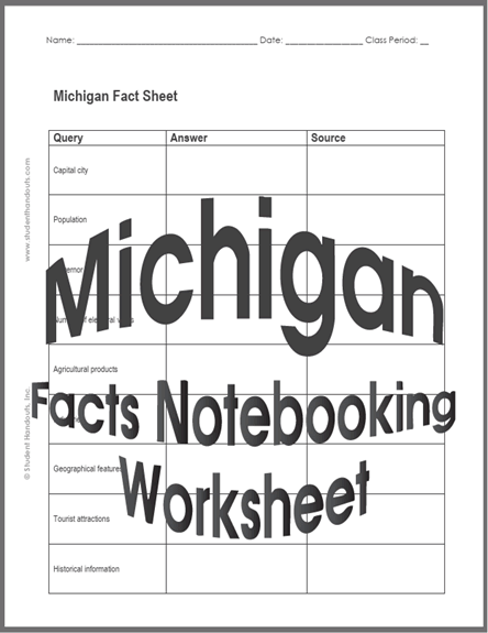 Michigan Facts Notebooking Worksheet - Free to print (PDF file). Designed for students in grades 5-12.