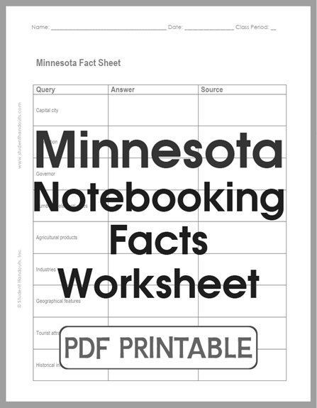 Minnesota Notebooking Facts Worksheet - Free to print (PDF file). For students in grades 5-12.