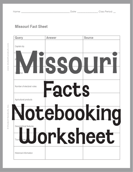 Missouri Facts Notebooking Worksheet - Free to print (PDF file). Designed for students in grades 5-12.