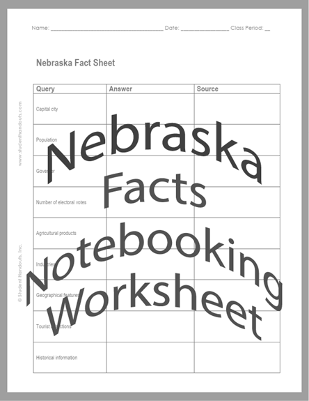 Nebraska Facts Notebooking Worksheet - Free to print (PDF) file. Designed for students in grades 5-12.