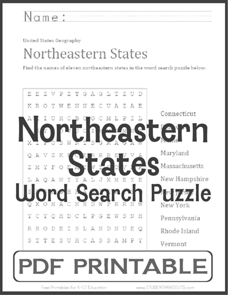 Northeastern States (USA) Word Search Puzzle - Free to print (PDF file) for grades five and up.
