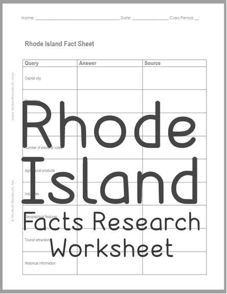 Rhode Island Facts Research Worksheet - Free to print (PDF file). For students in grades five and up.