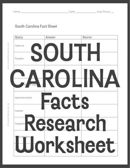 South Carolina Facts Research Worksheet - Free to print (PDF file). For students in grades five and up.