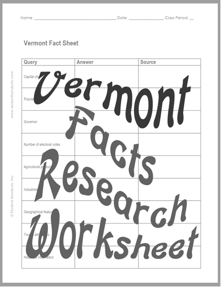 Vermont Facts Research Worksheet - Free to print (PDF file). For students in grades five and up.