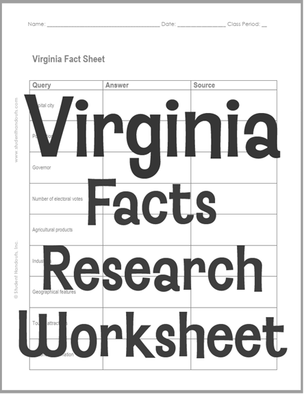 Virginia Facts Research Worksheet - Free to print (PDF file). For students in grades five and up.