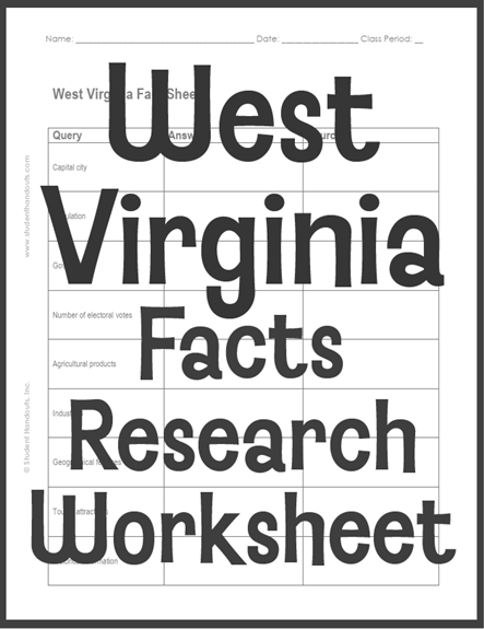 West Virginia Facts Research Worksheet - Free to print (PDF file). For students in grades five and up.