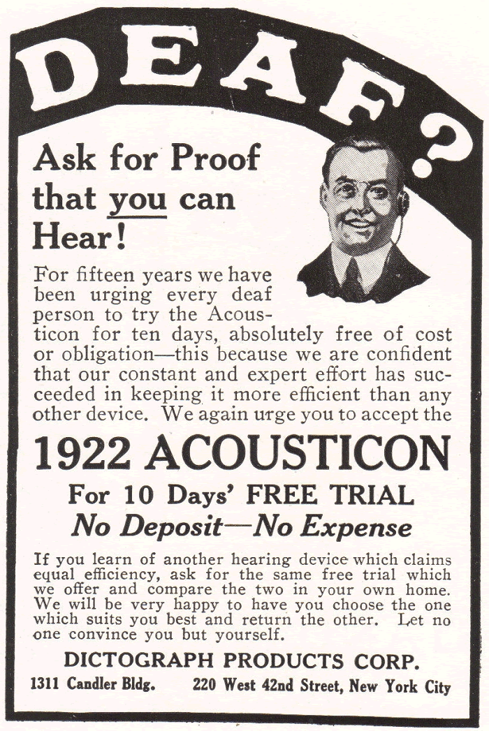 1922 Acousticon by Dictograph Products Ad