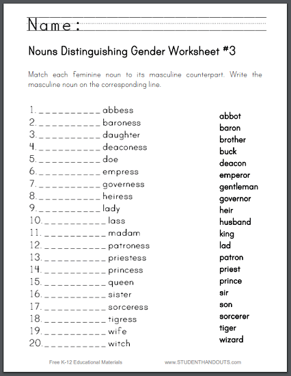 Noun Gender Worksheet Class 3