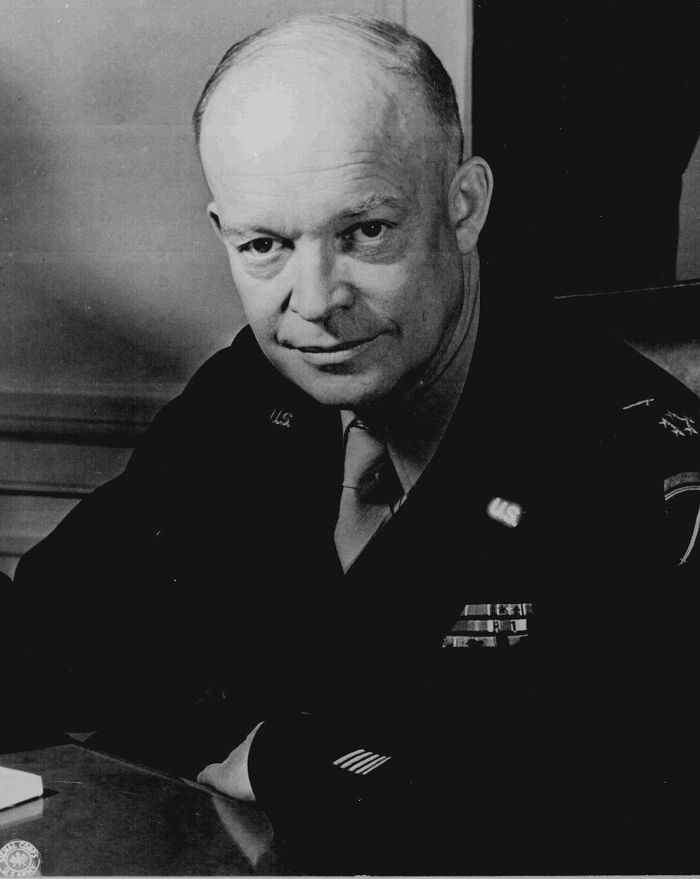 General Dwight D. Eisenhower, Supreme Allied Commander, at his headquarters in the European theater of operations. He wears the five-star cluster of the newly-created rank of General of the Army.