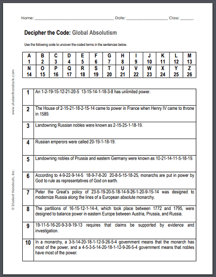 Global Absolutism Decipher the Code Puzzle Worksheet - Free to print (PDF file) for high school World History and European History students.