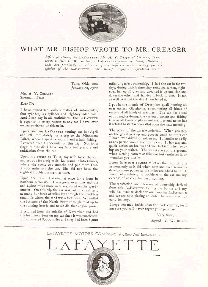 Antique Lafayette Motors Company Ad from 1922