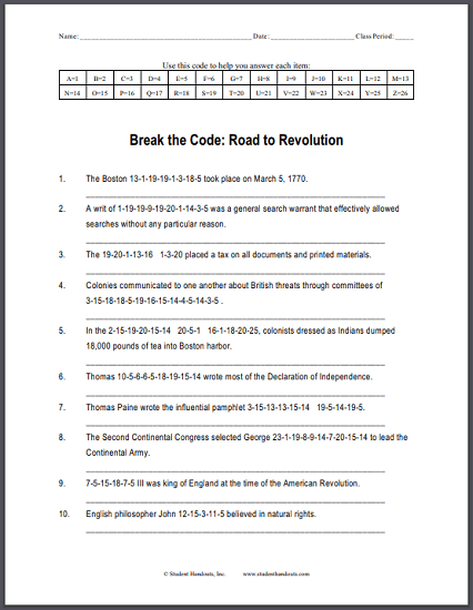 The Road to Revolution - Decipher-the-code puzzle worksheet is free to print. This is designed for high school United States History students.