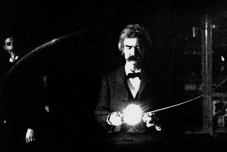 Mark Twain in the laboratory of Nikola Tesla, 1894.
