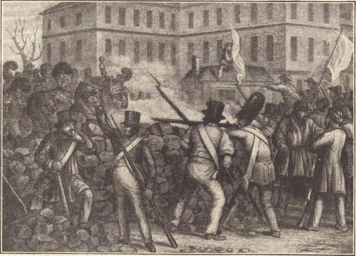French Revolution of 1848. Defending the street barricades. From a contemporary print.