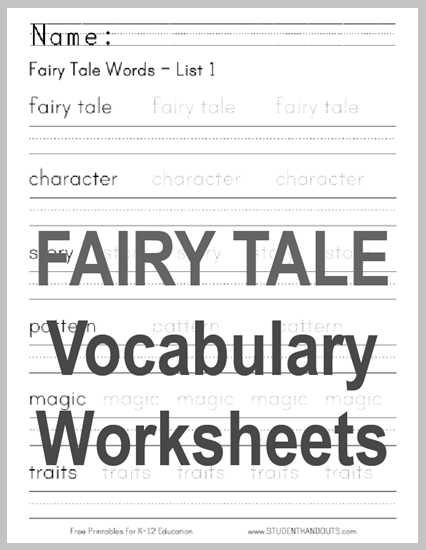 Fairy Tale Terms - Free printable handwriting and spelling practice worksheets (PDF files).