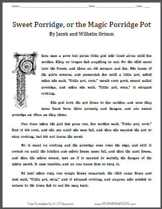 Sweet Porridge Fairy Tale - Printable story and worksheets (PDF files). "Little pot, stop!"