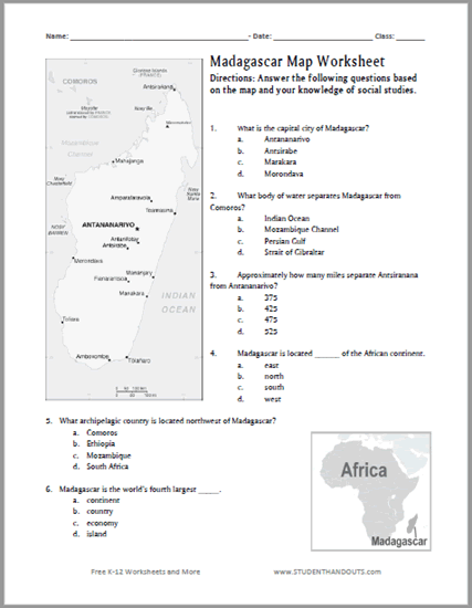Madagascar Map Worksheet - Free to print (PDF file). For World Geography students in grades 6-12.