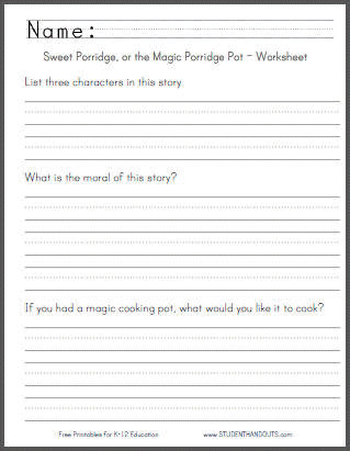 Sweet Porridge Fairy Tale Questions Worksheet