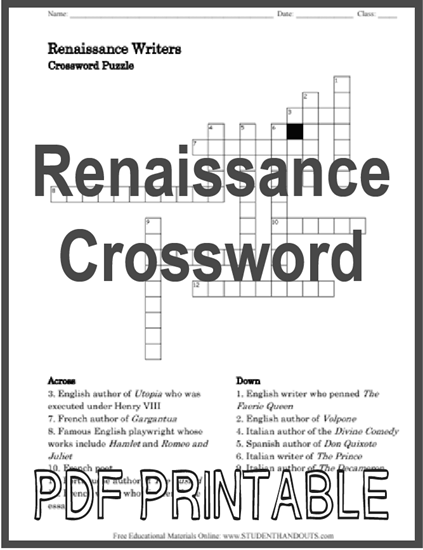 Renaissance Writers Crossword Puzzle - Free to print (PDF file). For high school World History students and teachers.