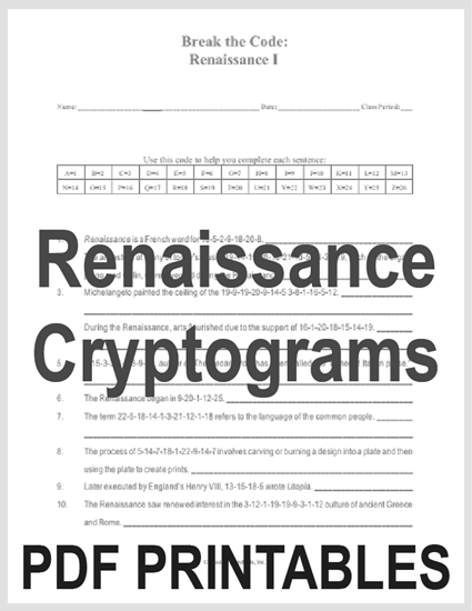 European Renaissance Code Puzzle Worksheets - Four puzzles to choose from, all free to print (PDF files). For high school World History or European History students.