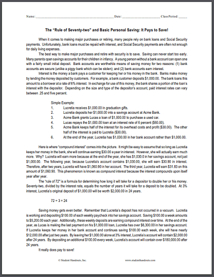 Rule Of 72 Economics Worksheet Student Handouts