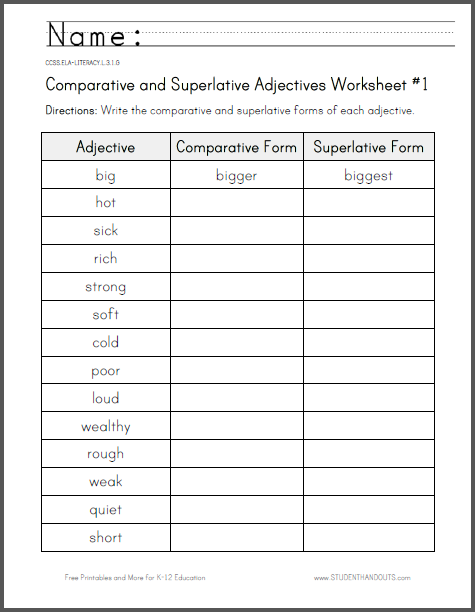 Comparative and Superlative Adjectives Worksheet #1 - Free to print (PDF file).