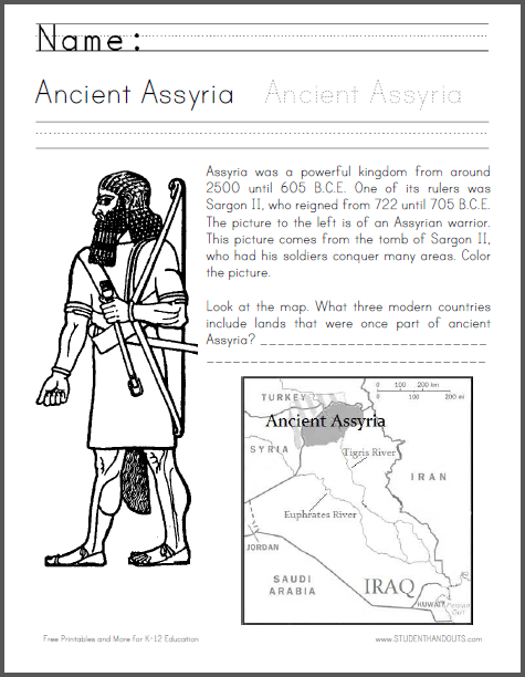 Ancient Assyria Informational Text Worksheet with Coloring and Map Work