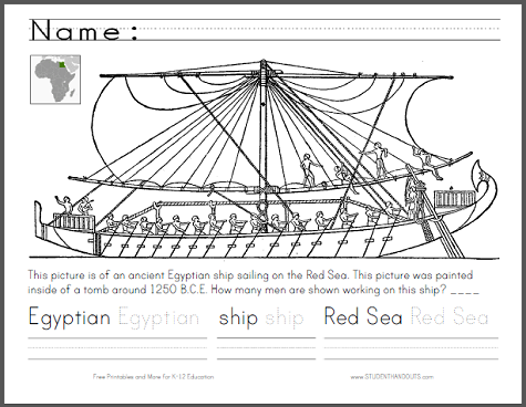 Ancient Egyptian Ship Coloring and Handwriting Worksheet