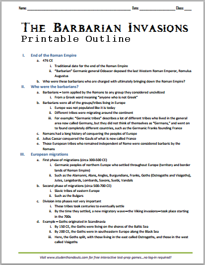 The Barbarian Invasions
Migration Period in Europe, 300-700 CE – Outline - Free to print (PDF file).