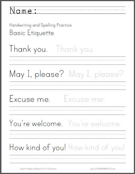 Basic Etiquette Handwriting Worksheet - Free to print (PDF file).