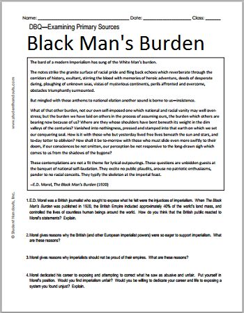 Excerpt from E.D. Morel's
The Black Man's Burden (1920) - Free printable DBQ worksheet for high school World History.