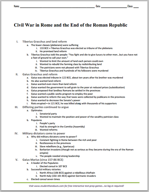 Civil War in Rome and the End of the Roman Republic - Printable Outline