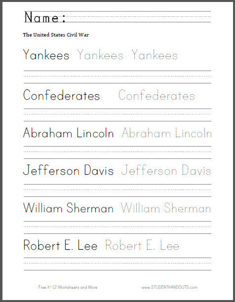 Civil War Spelling and Writing Worksheet - Free to print (PDF file). For lower elementary students.
