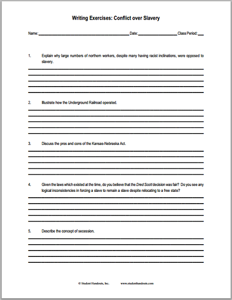 Conflict over Slavery Essay Questions - Free to print (PDF file).