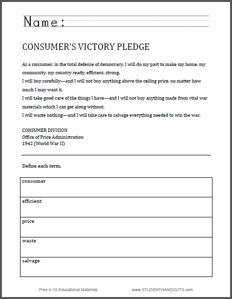 Consumer's Victory Pledge of WWII | Student Handouts