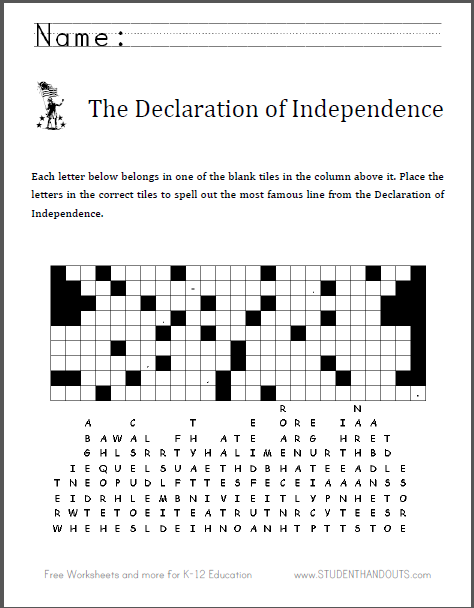 Independence Day Fallen Tiles - This fun puzzle worksheet for the Fourth of July (Independence Day) is free to print (PDF file).