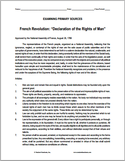 Declaration of the Rights of Man (1789) DBQ Worksheet on the French Revolution