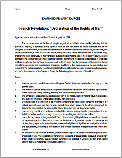 Declaration of the Rights of Man DBQ Worksheet | Student Handouts