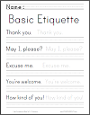 Basic Etiquette Phrases Handwriting and Spelling Practice Worksheet