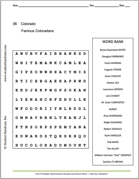 Famous Coloradans Word Search Puzzle - Free to print (PDF file). White, Fairbanks, Hawkins, Fodor, Fowler, and more.