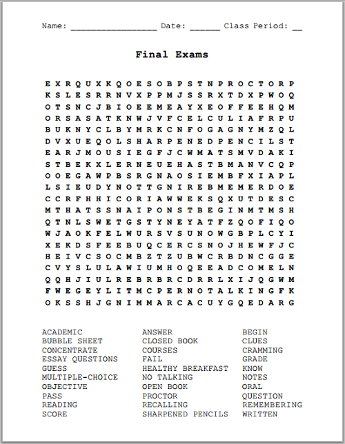 final exams free printable word search puzzle student handouts