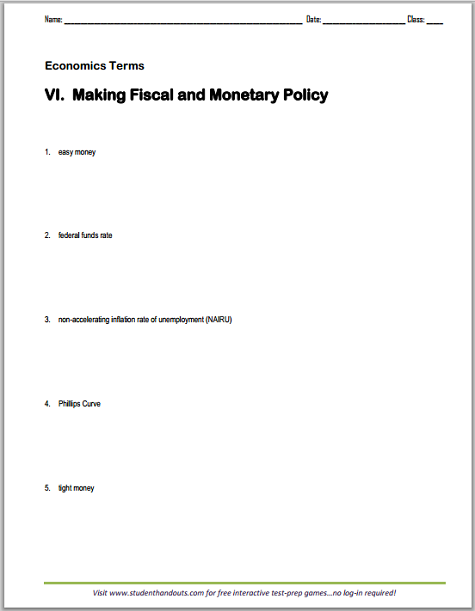 Fiscal and Monetary Policy Terms - Vocabulary terms worksheet is free to print (PDF file).