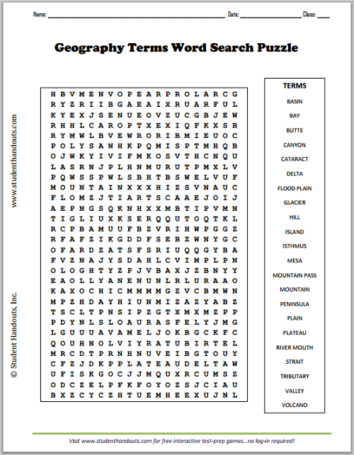 Geography Terms Word Search Puzzle - Free to print (PDF file).