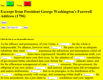 Gap Text Quiz Game on an Excerpt from President George Washington's Farewell Address (1796)