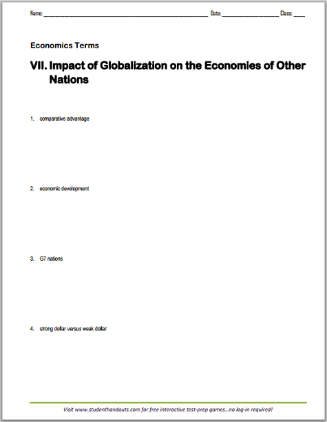 Impact of Globalization on the Economics of Other Nations - Vocabulary terms worksheet is free to print (PDF file).