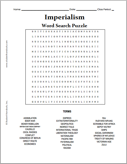 Imperialism Word Search Puzzle - Free to print (PDF file).