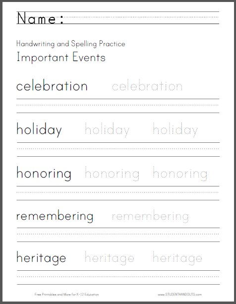 Important Events Handwriting and Spelling Practice Worksheet - Free to print (PDF file).